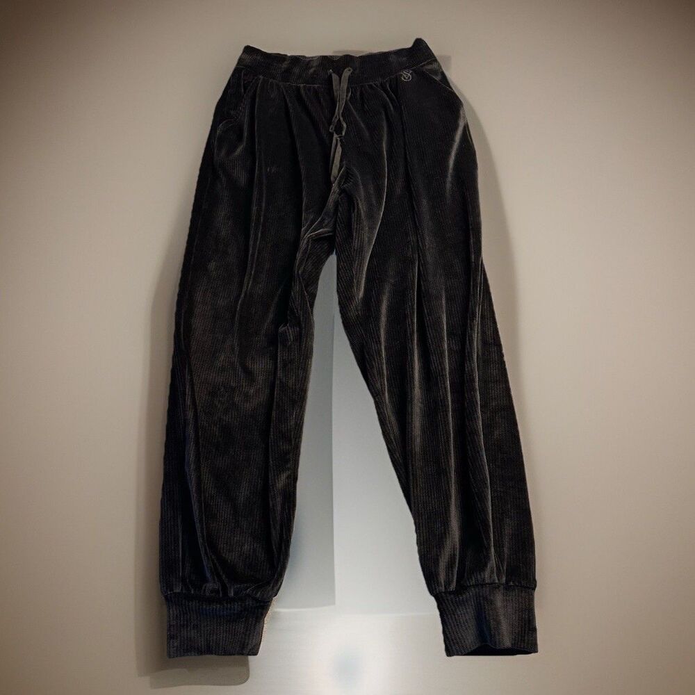 Victoria Secret black plush ribbed velour drawstring lounge joggers Size S